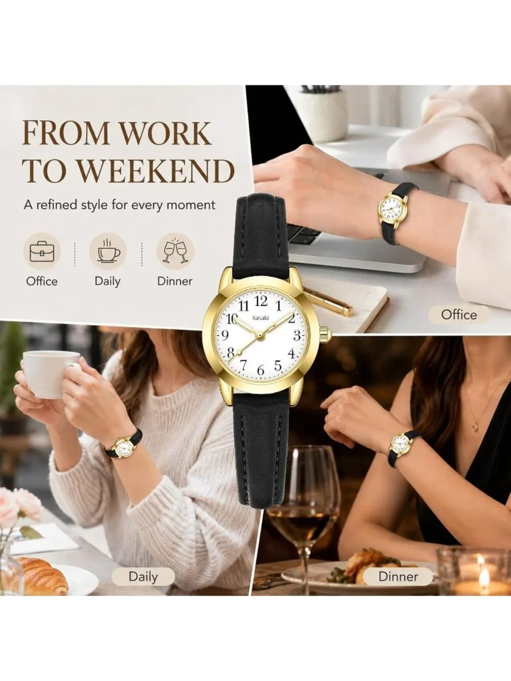 Women's Black White Vintage Analog Slim Leather Strap Quartz Movement Wristwatch